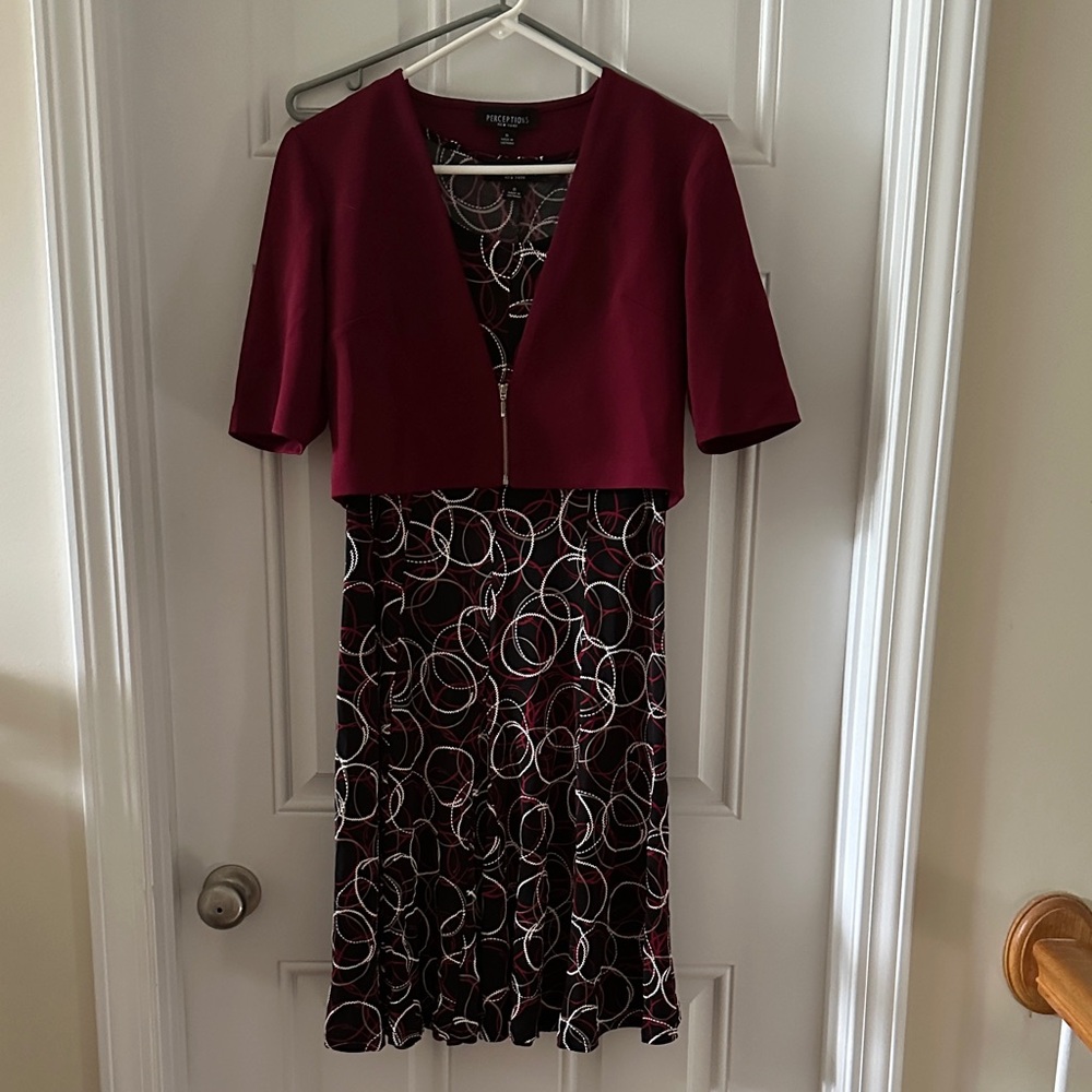 Perceptions Burgundy and Black Dress with detachable jacket.
